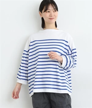 OE天竺パネルボーダーボトルネックパフスリーブプルオーバー(オフホワイト×ロイヤルブルー-ONESIZE)