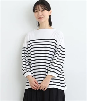 OE天竺パネルボーダーボトルネックパフスリーブプルオーバー(オフホワイト×ブラック-ONESIZE)