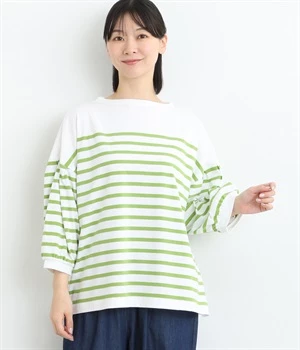 OE天竺パネルボーダーボトルネックパフスリーブプルオーバー(オフホワイト×マスカット-ONESIZE)