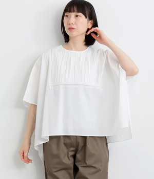 コットンタイプライターワッシャーピンタック×ハシゴレースポンチョブラウス(オフホワイト-ONESIZE)