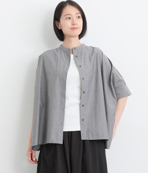 コットンタイプライターワッシャーワイドカフスギャザーシャツ(ブラックシャンブレー-ONESIZE)