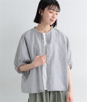 コットンリネンパフスリーブドルマンシャツ(ブラックストライプ-ONESIZE)