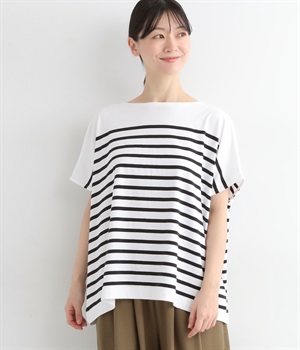 OE天竺パネルボーダーフレンチスリーブワイドプルオーバー(オフホワイト×ブラック-ONESIZE)