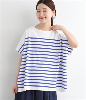 OE天竺パネルボーダーフレンチスリーブワイドプルオーバー(オフホワイト×ロイヤルブルー-ONESIZE)