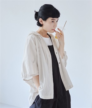 コットンリネン平織りフーディバルーン カーディガン(アイスグレー-ONESIZE)