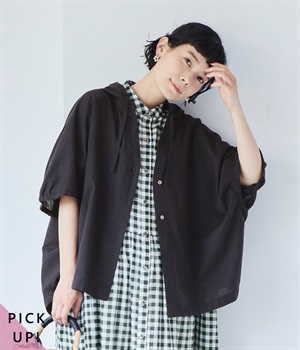 コットンリネン平織りフーディバルーン カーディガン(ダークネイビー-ONESIZE)