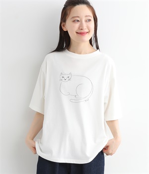 ラフィ天竺汗ジミ防止加工ねこ プリントTシャツ(オフホワイト-ONESIZE)