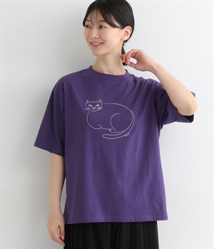 ラフィ天竺汗ジミ防止加工ねこ プリントTシャツ(オリエントブルー-ONESIZE)