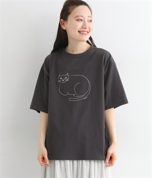 ラフィ天竺汗ジミ防止加工ねこ プリントTシャツ(スミクロ-ONESIZE)