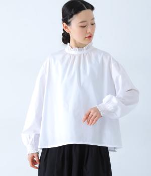 コットンブロードバック釦フリル襟ブラウス(袖口シャーリング)(ホワイト-F)