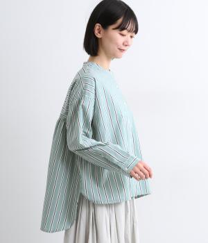 コットンドビーストライプ前後差バックギャザーシャツ(グリーンストライプ-F)