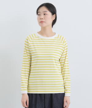 リサイクルコットン天竺ボーダーラグランTEE(長袖)(オフホワイト×レモン-L)