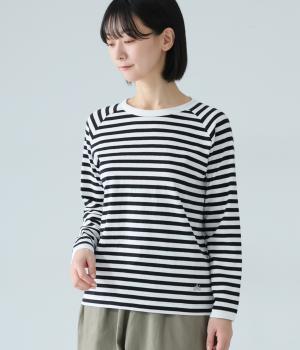 リサイクルコットン天竺ボーダーラグランTEE(長袖)(オフホワイト×ブラック-L)
