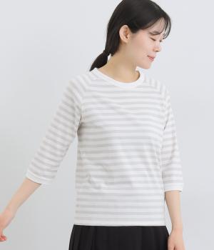 リサイクルコットン天竺ボーダーラグランTEE(7分袖)(オフホワイト×オイスター-L)
