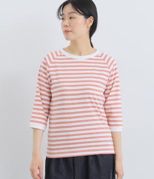 リサイクルコットン天竺ボーダーラグランTEE(7分袖)(オフホワイト×フラミンゴ-L)
