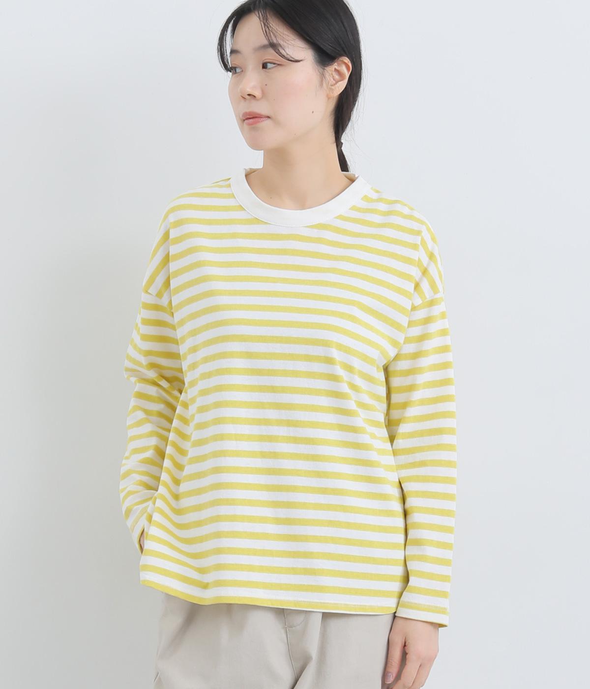 リサイクルコットン天竺ボーダー裾フレアーワイドプルオーバー(長袖)(オフホワイト×レモン-F)