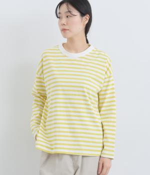 リサイクルコットン天竺ボーダー裾フレアーワイドプルオーバー(長袖)(オフホワイト×レモン-F)