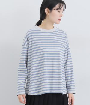 リサイクルコットン天竺ボーダー裾フレアーワイドプルオーバー(長袖)(オイスター×スティールブルー-F)