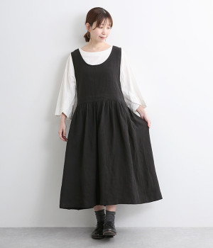 平織リネンバッククロスワンピース(ブラック-ONESIZE)