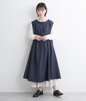 6オンスコットンリネンデニムネックリボンスリーブレス2wayワンピース(ダークインディゴ-ONESIZE)