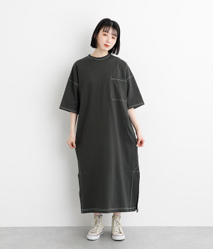 OE天竺ステッチワークワンピース(スミクロ-ONESIZE)