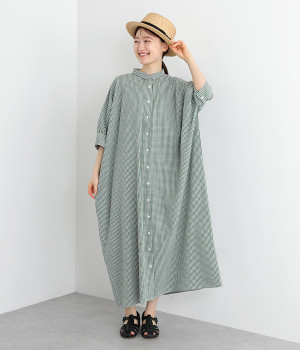 コットンリネン平織りBIGカフスワイドワンピース(グリーンギンガム-ONESIZE)