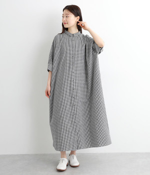 コットンリネン平織りBIGカフスワイドワンピース(ブラックギンガム-ONESIZE)