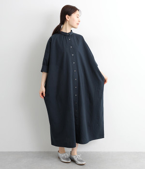 コットンリネン平織りBIGカフスワイドワンピース(ネイビー-ONESIZE)