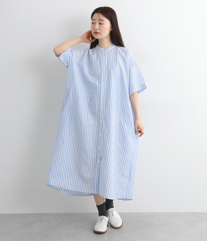 コットンリネンバンドカラーシャツワンピース(サックスストライプ-ONESIZE)