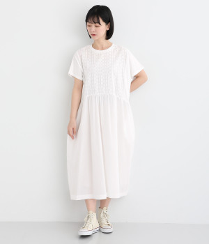 カットソー×布帛刺繍×コットンローン切替ギャザーワンピース(オフホワイト-ONESIZE)