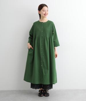 コットンリネン平織りピンタックワンピース(グリーン-ONESIZE)