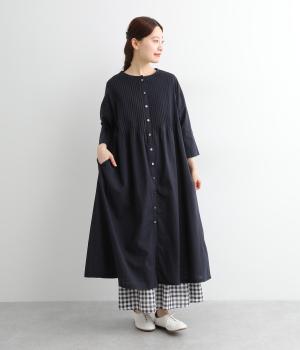 コットンリネン平織りピンタックワンピース(ダークネイビー-ONESIZE)