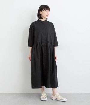 コットンタイプライターワッシャー比翼切替ギャザーワンピース(ブラック-ONESIZE)