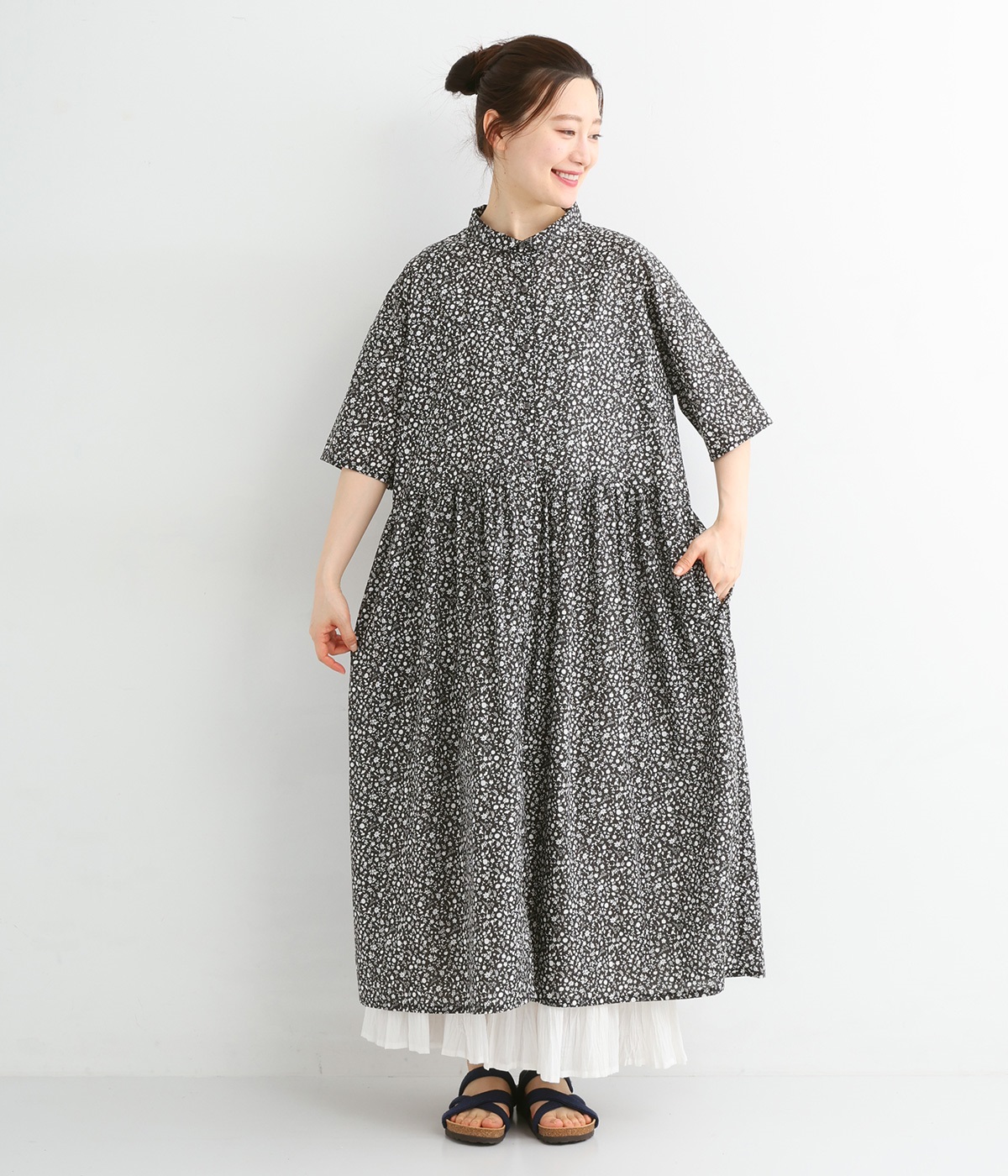 コットン総柄プリントウエスト切替ギャザー前開きワンピース(フラワープリント-ONESIZE)