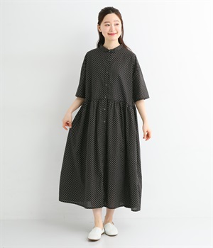 コットン総柄プリントウエスト切替ギャザー前開きワンピース(ドットプリント-ONESIZE)