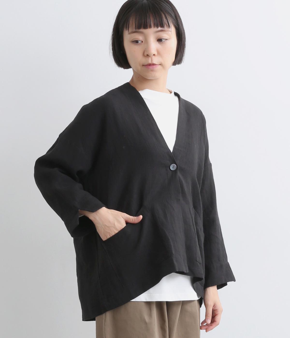 平織りリネン1釦8分袖ジャケット(ブラック-ONESIZE)