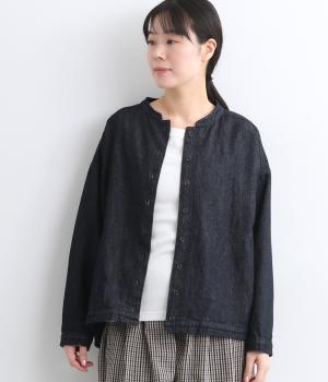 レギュラーコットンリネンデニム前後差マオカラーシャツジャケット(ダークインディゴ-F)