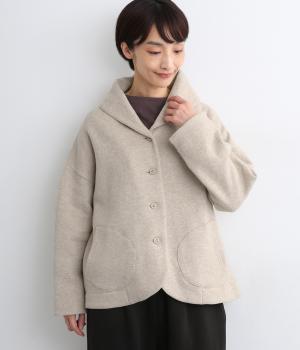 コットン裏毛裏起毛前後差ラウンドヘムショールカラージャケット(トップベージュ-F)