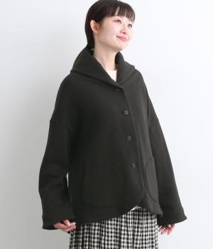 コットン裏毛裏起毛前後差ラウンドヘムショールカラージャケット(ブラック-F)
