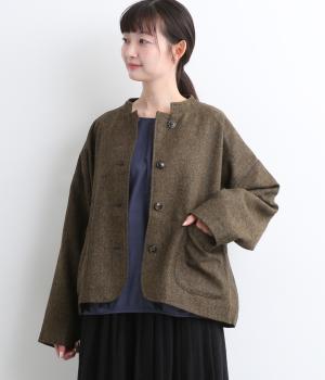 毛混ホームスパンマオカラーショートジャケット(ブラウン-F)
