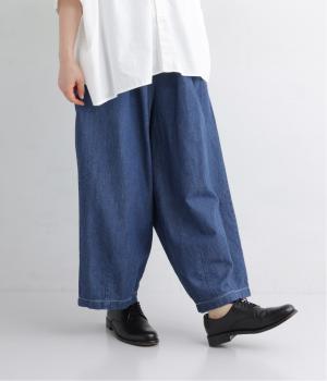 ライトコットンリネンデニム裾ダーツボールパンツ（配色ステッチ）(ミディアムインディゴ-ONESIZE)