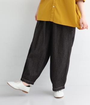 ライトコットンリネンデニム裾ダーツボールパンツ（配色ステッチ）(ブラック-ONESIZE)