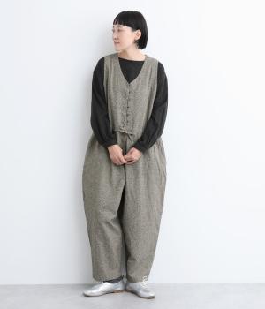 コットンリネン先染めノースーリブオールインワン(ハウンズトゥース-F)