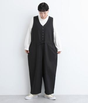 コットンリネン先染めノースーリブオールインワン(ブラック-F)