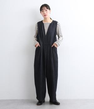 レギュラーコットンリネンデニムカシュクールラップサロペット(ダークインディゴ-F)