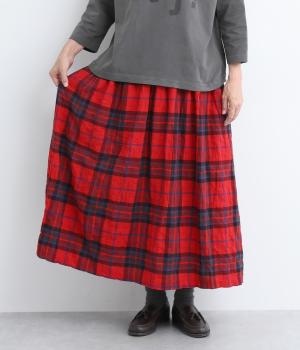 コットンヘリンボーン柄シャーリングギャザースカート(レッドチェック-F)