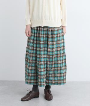 コットンヘリンボーン柄シャーリングギャザースカート(ターコイズチェック-F)