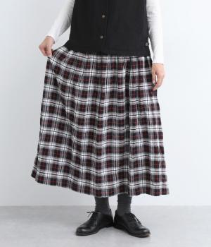 コットンヘリンボーン柄シャーリングギャザースカート(ブラックチェック-F)