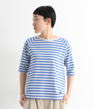 リサイクルコットン天竺ボーダーラグラン5分T(ペールベージュ×ブルー-M)