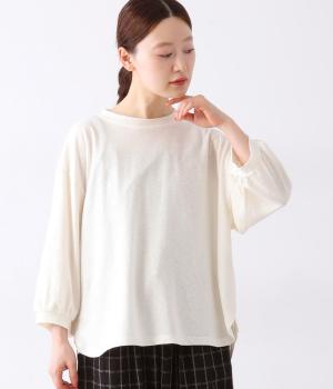 リネンコットン天竺ラウンドヘムパフ袖7分袖プルオーバー(アイボリー-ONESIZE)
